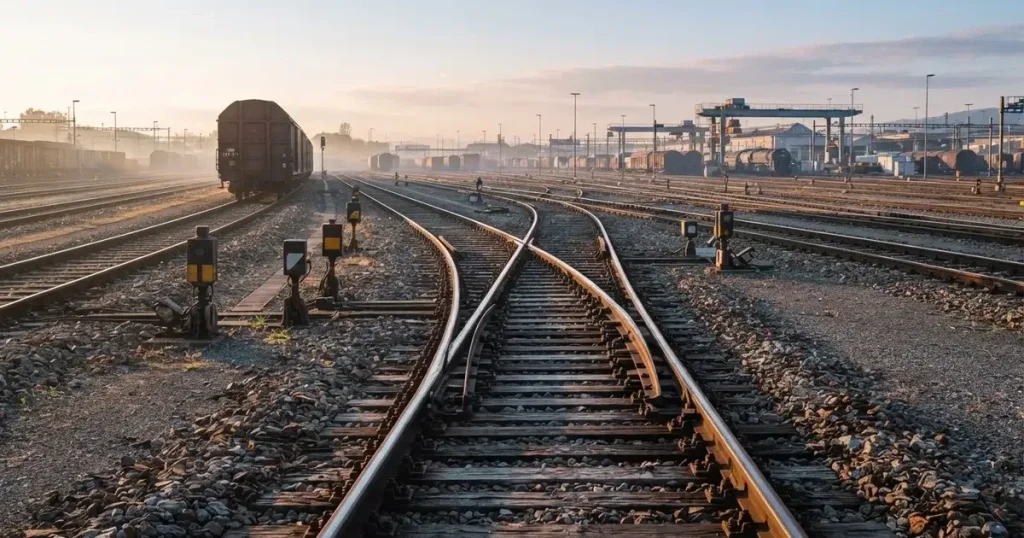 Ein Rangierbahnhof mit mehreren sich verzweigenden Gleisen und Weichen im Morgenlicht, in der Ferne steht ein Güterwagen.