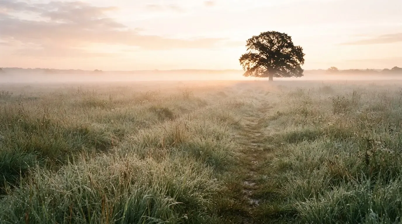 Eine Wiese mit Bodennebel am frühen Morgen, in der Ferne ein einzelner Baum vor hellem Horizont.