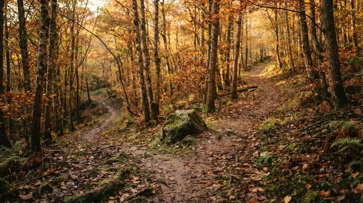 Eine Wegkreuzung im Wald, an der sich zwei Pfade im Herbstlicht gabeln, Laub bedeckt den Boden.