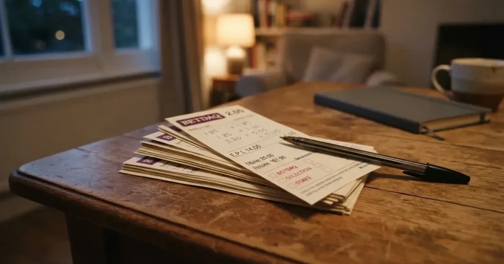 Ein Stapel unbedruckter Papierscheine liegt neben einem Kugelschreiber auf einem Holztisch.