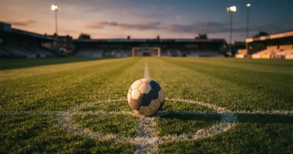Ein Fussball liegt auf dem Anstosspunkt eines leeren Rasenplatzes, im Hintergrund glimmen Flutlichtmasten im Abendlicht.