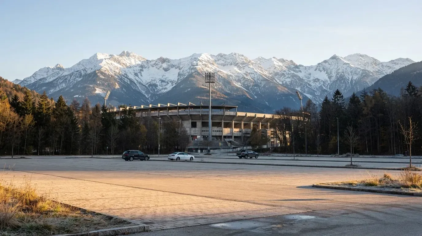Hinter einem leeren Stadion ragen verschneite Berggipfel in den klaren Morgenhimmel, davor ein Parkplatz im ersten Sonnenlicht.