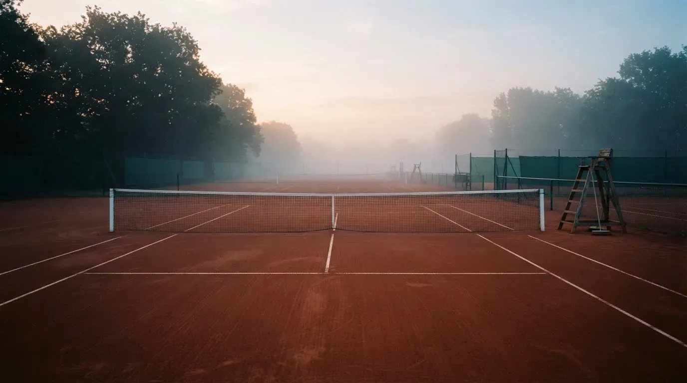 Ein Tennisplatz aus Sand liegt im Morgengrauen still da, Nebel hängt über der Grundlinie und dem aufgespannten Netz.