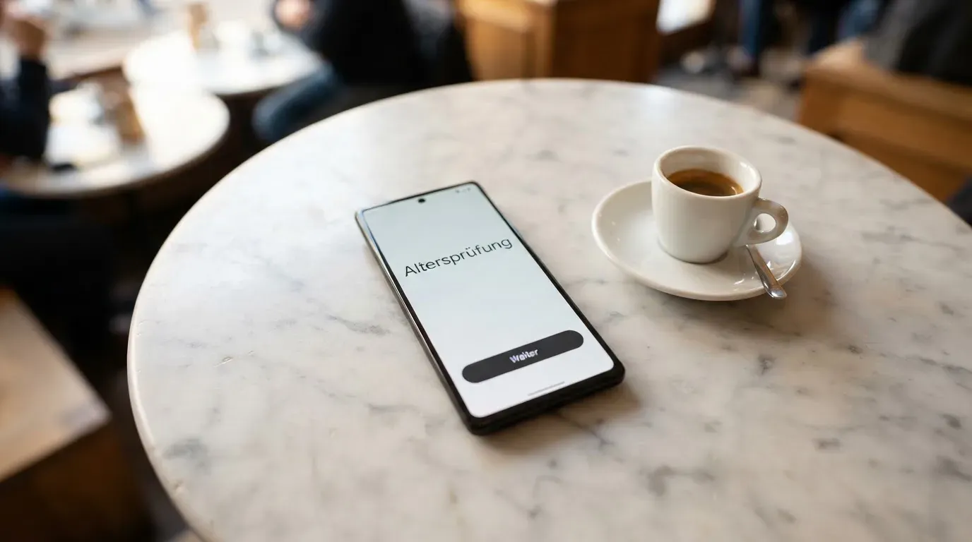 Ein Smartphone liegt mit der Rückseite nach oben auf einem Kaffeehaustisch neben einer Tasse und einem Löffel.
