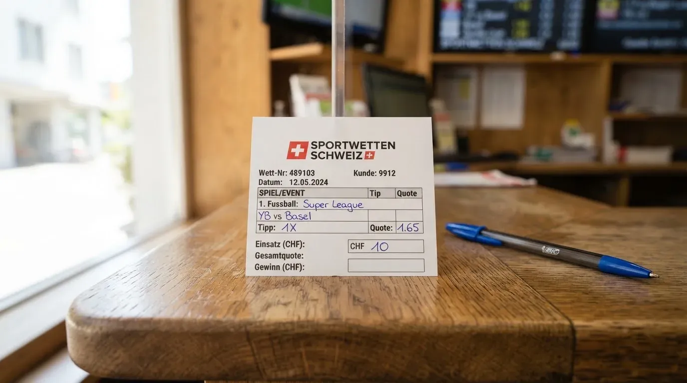 Ein unbeschriebener Papierwettschein und ein Kugelschreiber liegen auf einer hölzernen Ladentheke im Tageslicht.