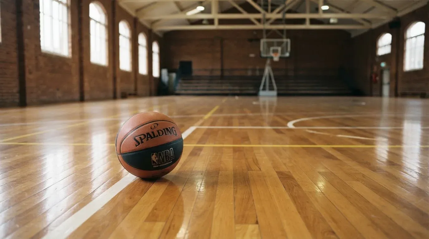 Ein Basketball ruht auf dem Parkett einer leeren Sporthalle, durch hohe Fenster fällt Tageslicht.