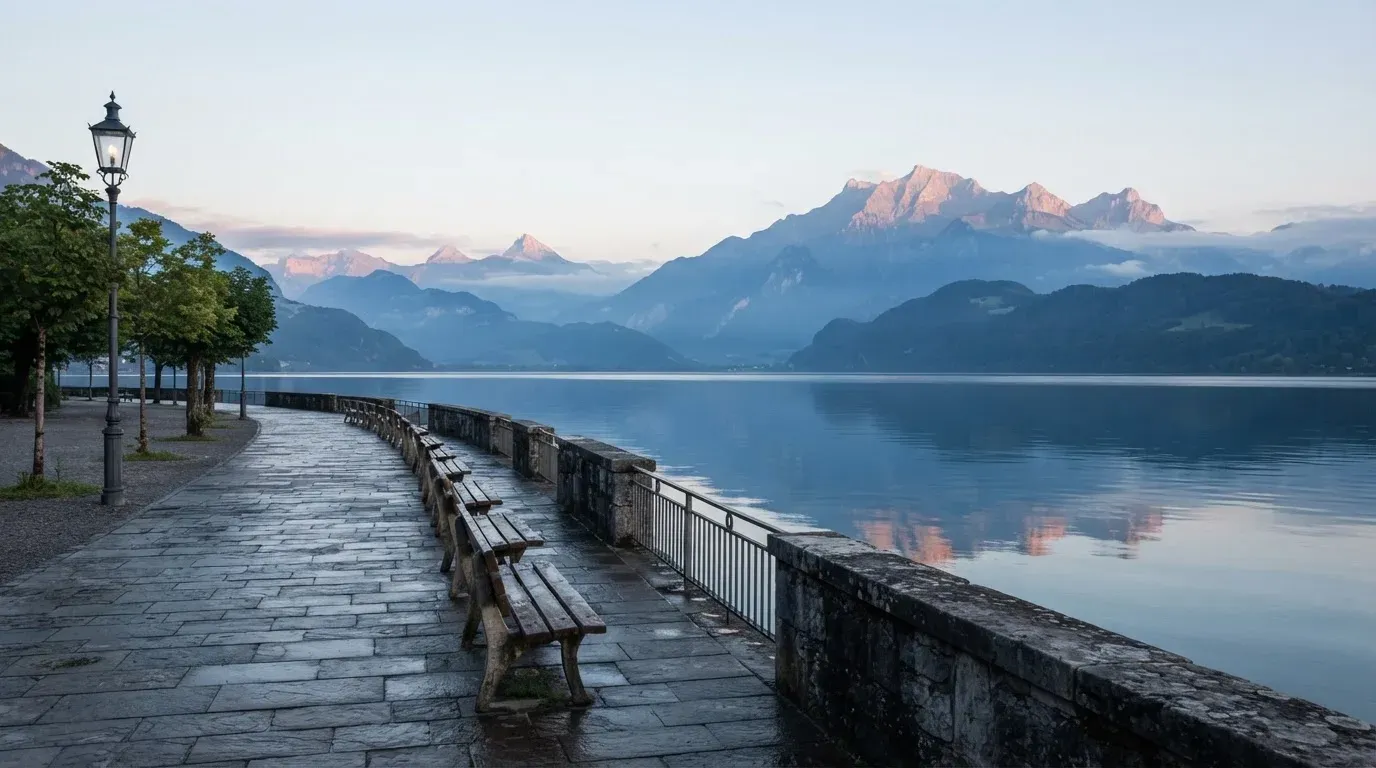 Eine Uferpromenade an einem Schweizer See liegt am frühen Morgen leer da, am anderen Ufer ragen Berge auf.