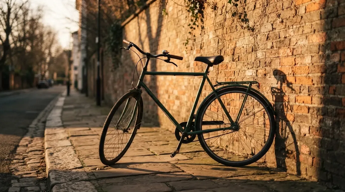 Ein Fahrrad lehnt an einer Backsteinmauer, auf dem Gehweg davor fallen lange Schatten.