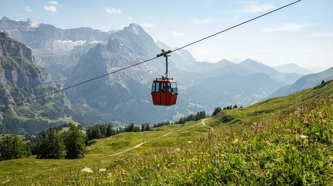 Eine Seilbahnkabine schwebt über einer Alpwiese, im Hintergrund zeichnen sich Felswände ab.