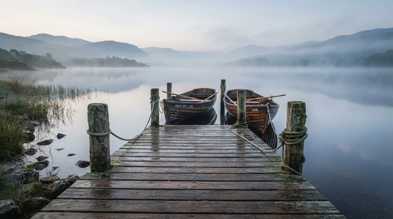 Ruderboote liegen am hölzernen Steg eines Sees, über dem Wasser hängt feiner Morgendunst.