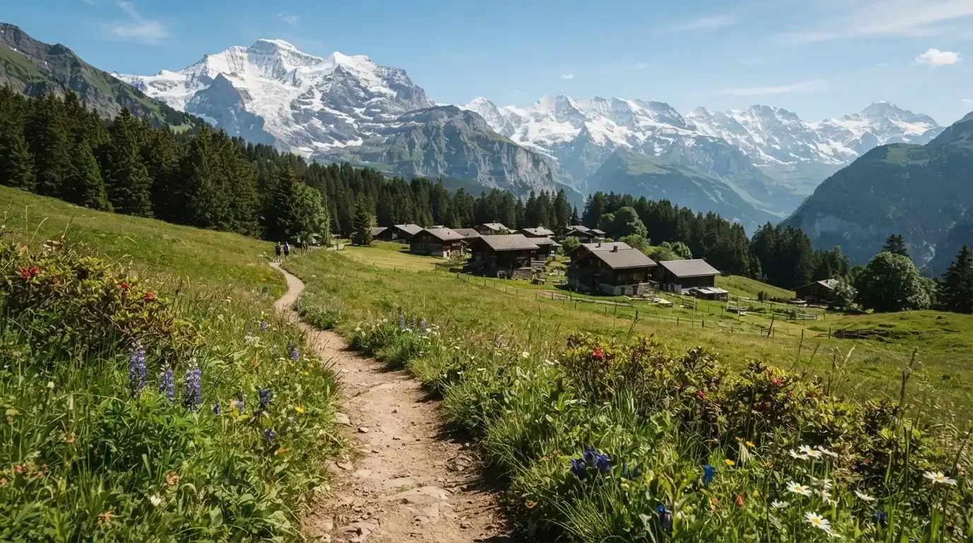 Ein Wanderweg führt durch eine Almwiese zu einem Bergdorf, in der Ferne liegt Schnee auf den Gipfeln.