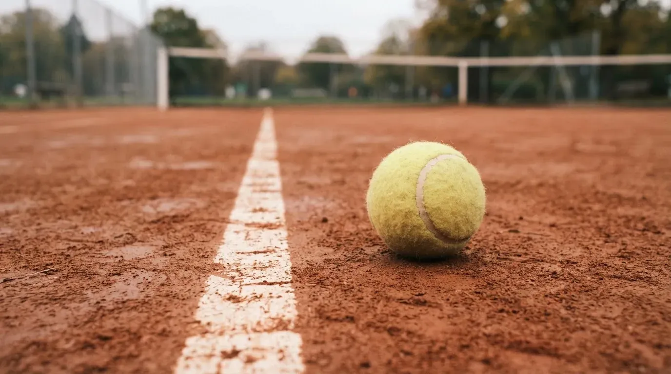 Ein Tennisball liegt auf rotem Sand neben einer verblassten Linie, das Licht ist weich.