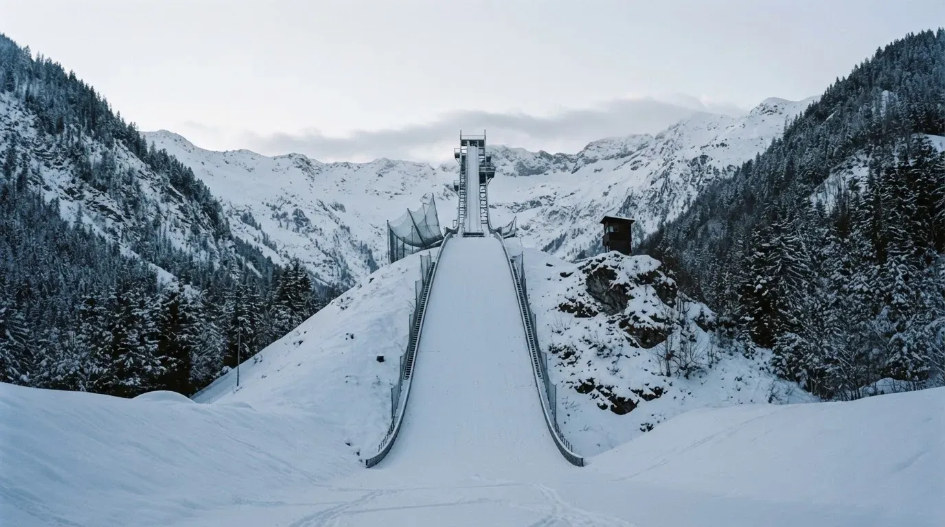 Eine verschneite Skisprungschanze erhebt sich unter grauem Himmel über einem stillen Tal.