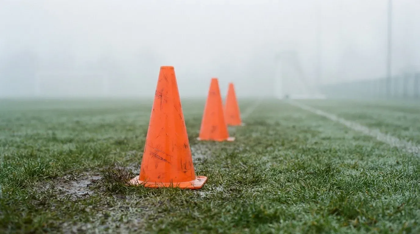 Orange Pylonen stehen auf einem Trainingsplatz im Nebel, die Ränder des Platzes verschwimmen im Dunst.