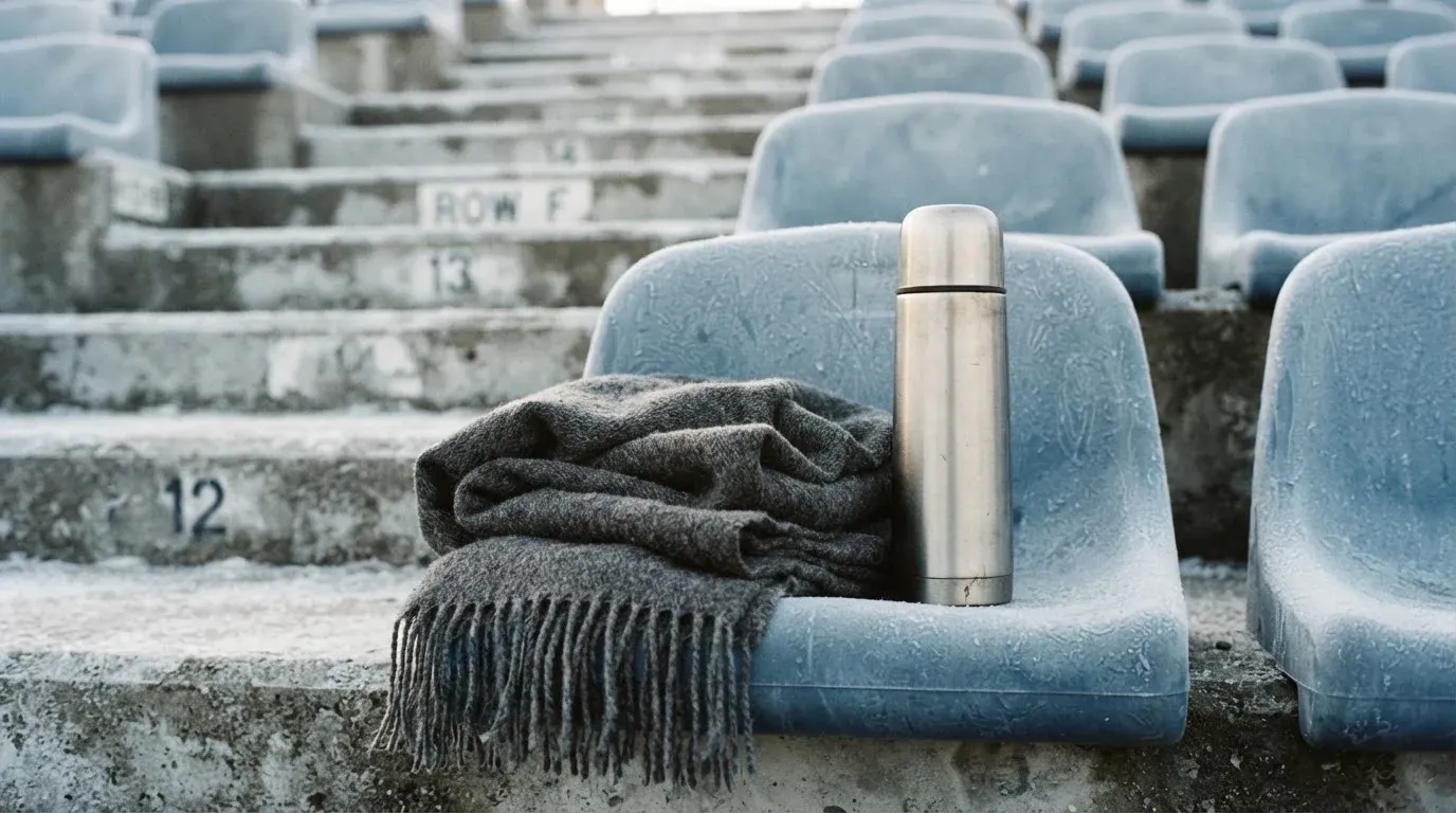 Ein grauer Wollschal und eine Thermoskanne liegen auf einem Sitz im winterlichen Stadion, Raureif liegt auf den Stufen.
