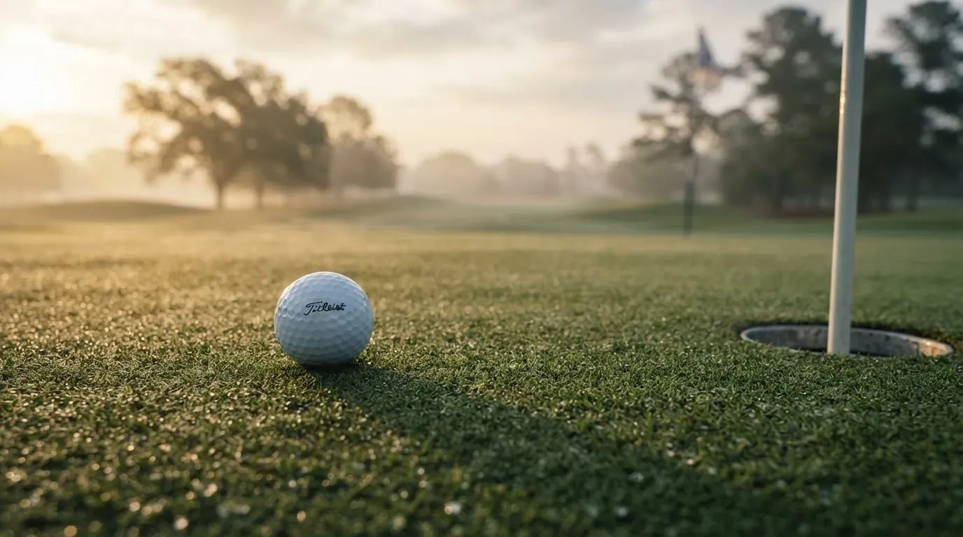 Ein Golfgrün liegt am frühen Morgen im Tau, ein Ball liegt nahe dem Loch.