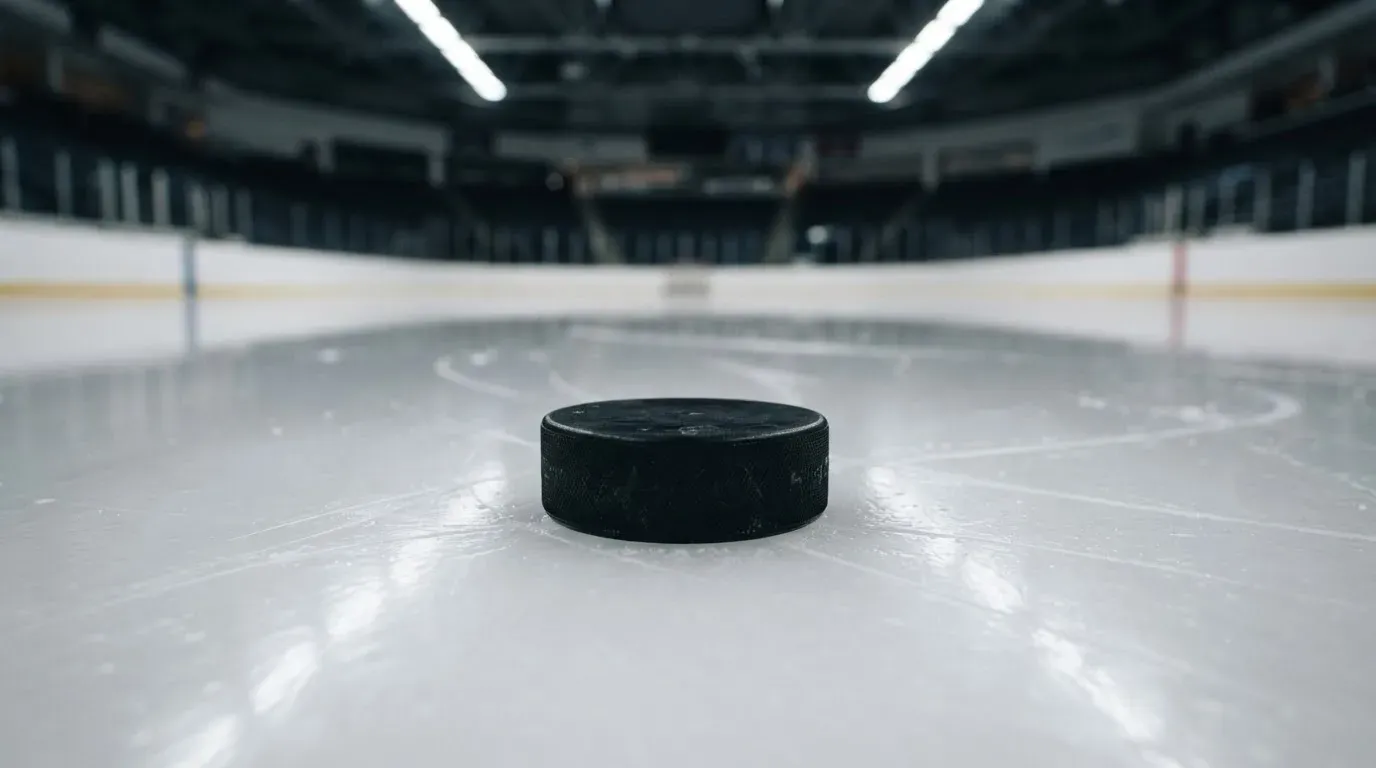 Ein Eishockeypuck liegt in Grossaufnahme auf glatter Eisfläche, im Eis spiegeln sich Hallenlichter.