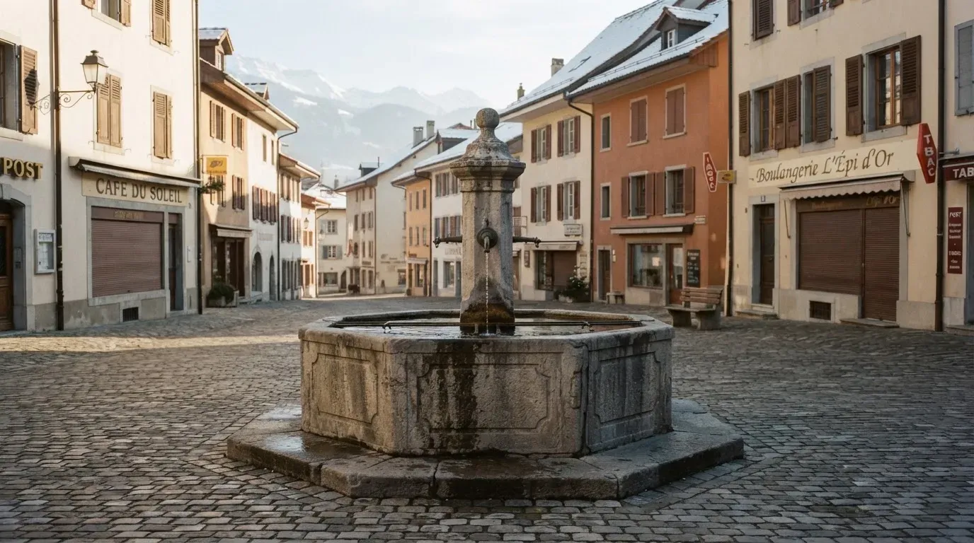 Ein Dorfplatz mit steinernem Brunnen liegt am Vormittag still da, die Läden ringsum sind noch geschlossen.