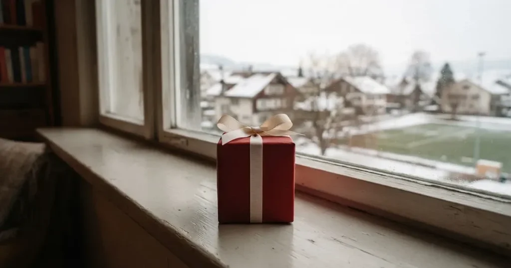 Eine kleine Schachtel mit Schleife steht auf einem Fensterbrett, dahinter ein grauer Wintertag.