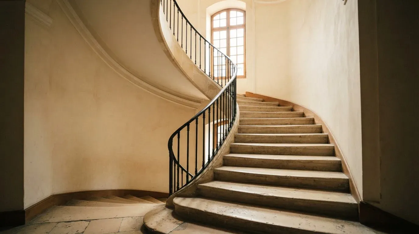 Ein Treppenhaus aus hellem Stein führt in einem Altbau nach oben, Licht fällt durch ein hohes Fenster.